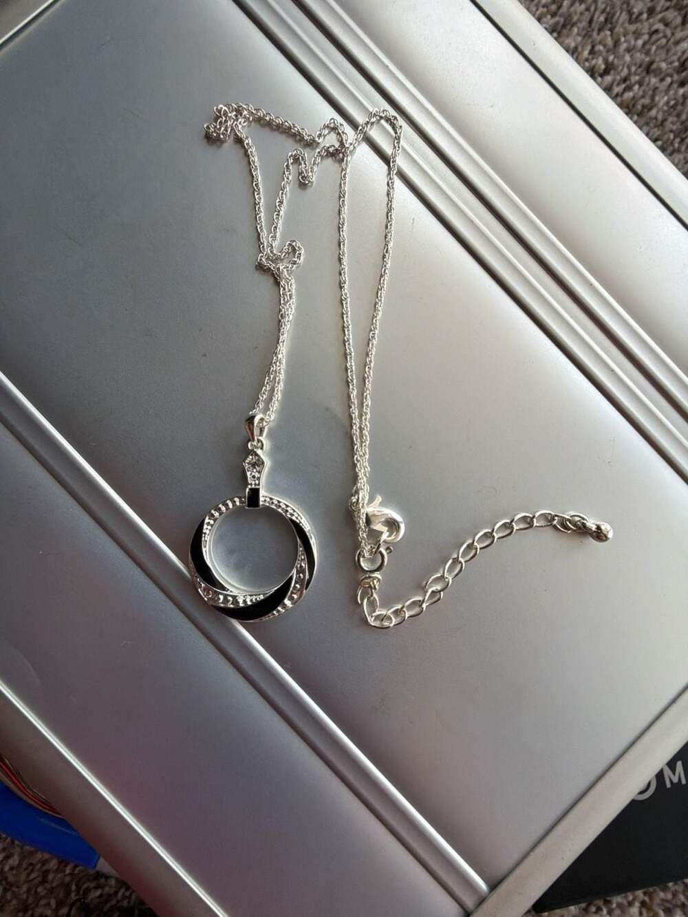 SHB Shofel Bros Vintage Silver Tone Black Enamel and Rhinestone Circle Pendant N